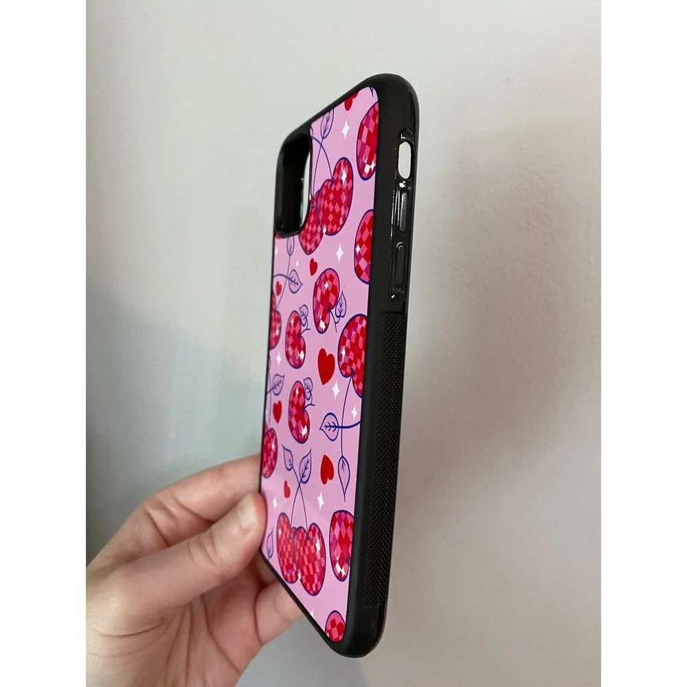 iPhone 11 Phone Case Pink‎ Disco Ball Cherry Heart Pattern Black Bumper Grip